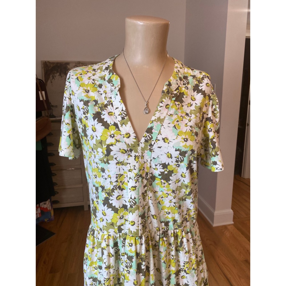 Lands End Womens XS 2-4 Yellow Green Floral Cotton Tiered T-Shirt Dress Pockets